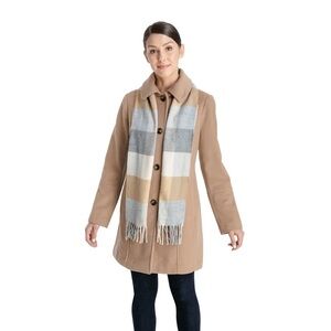 London Fog Women's Camel Tan Button Front Wool Fall Coat with Scarf Size PM NWOT